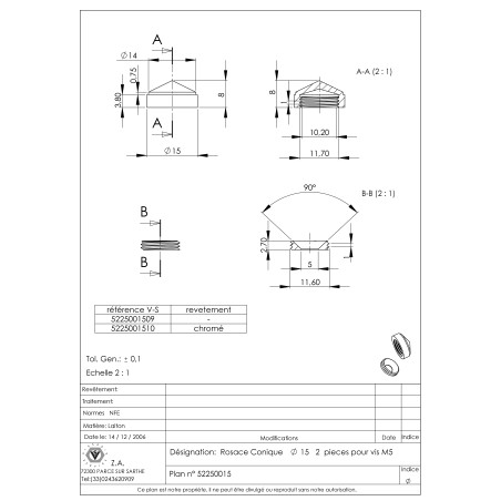 1 x Conische rozet of schroefdop (1 rozet en 1 schroefdop) Messing diameter 15 voor Schroeven M5