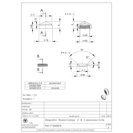 1 x Conische rozet of schroefdop (1 rozet en 1 schroefdop) Messing diameter 18 voor Schroeven M6