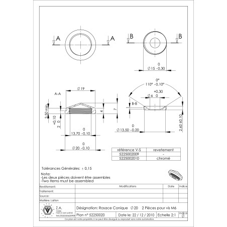 1 x Conische rozet of schroefdop (1 rozet en 1 schroefdop) Messing diameter 20 voor Schroeven M6
