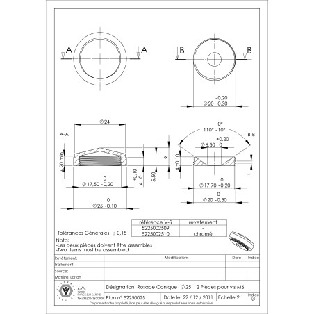 1 x Conische rozet of schroefdop (1 rozet en 1 schroefdop) Messing diameter 25 voor Schroeven M6