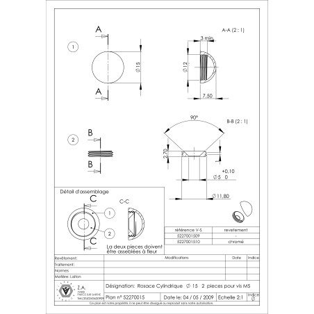 1 x Ronde rozet of schroefdop (1 rozet en 1 schroefdop) Messing chroom diameter 15 voor Schroeven M5