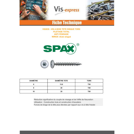 1 x SPAX Houtschroeven schijfkop TORX T40 8X100 bedraad op 80 4CUT WIROX