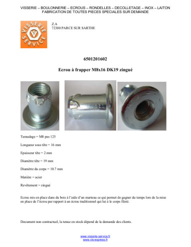 1 x Inslagmoer M8X16 kopdiameter 19 Wit...