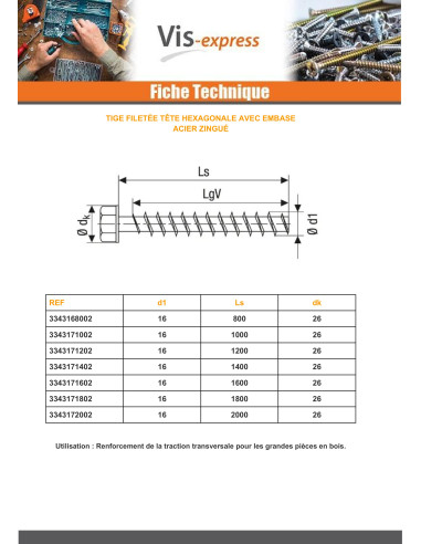 1 x Draadstang zeskantkop TH 16X1800 Wit...