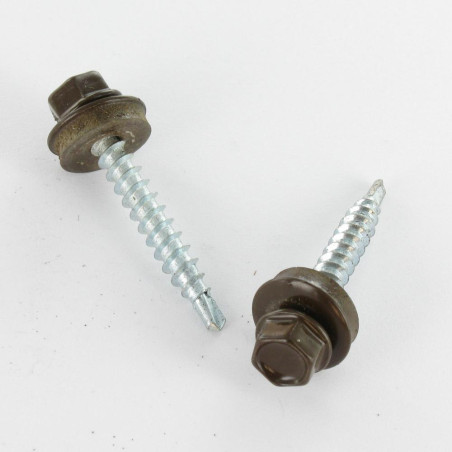 1 x Zelfborende schroef zeskantkop TH 4.8X35 Afdichtingsring met neopreen epdm afdichting Wit verzinkt staal RAL8014 sepia