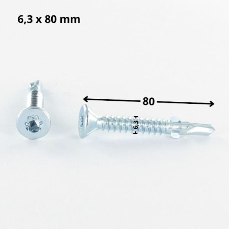 1 x Zelfborende schroef gefreesde kop TORX T30 6.3X80 gekarteld en gevleugeld Wit verzinkt staal
