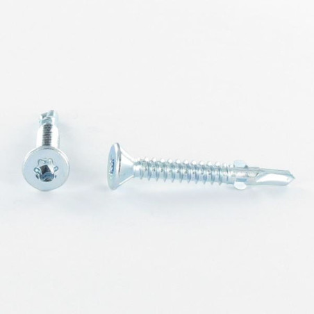 1 x Zelfborende schroef gefreesde kop TORX T25 4.8X38 gekarteld en gevleugeld Wit verzinkt staal