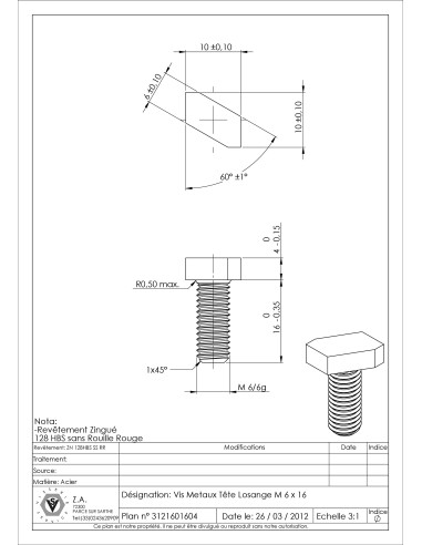 1 x Metalen schroeven kop ruit M6X16 Wit...
