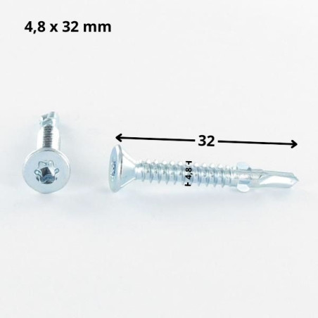 1 x Zelfborende schroef gefreesde kop TORX T25 4.8X32 gekarteld en gevleugeld Wit verzinkt staal