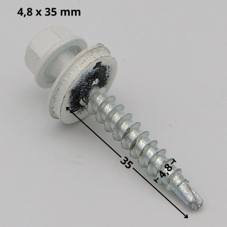 1 x Zelfborende schroef zeskantkop TH 4.8X35 Afdichtingsring met neopreen epdm afdichting Wit verzinkt staal RAL9010