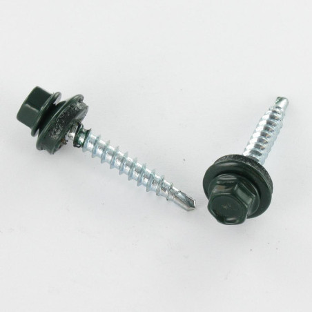 1 x Zelfborende schroef zeskantkop TH 4.8X35 Afdichtingsring met neopreen epdm afdichting Wit verzinkt staal RAL6009