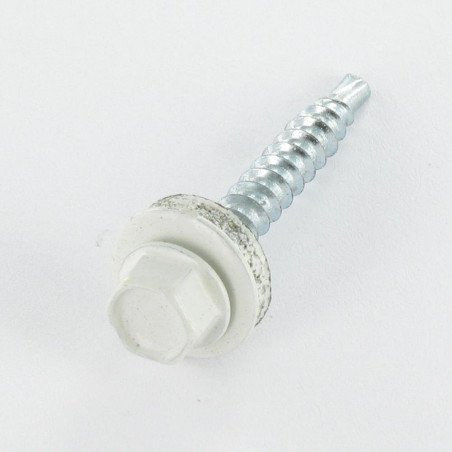 1 x Zelfborende schroef zeskantkop TH 4.8X35 Afdichtingsring met neopreen epdm afdichting Wit verzinkt staal RAL9002 wit