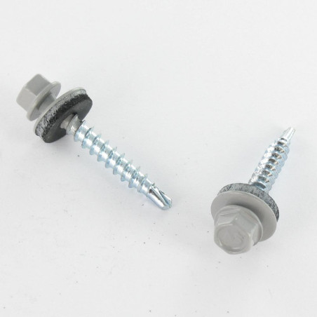 1 x Zelfborende schroef zeskantkop TH 4.8X35 Afdichtingsring met neopreen epdm afdichting Wit verzinkt staal RAL7004