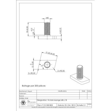 1 x Metalen schroeven T.LOSANGE M8X18 Wit verzinkt staal