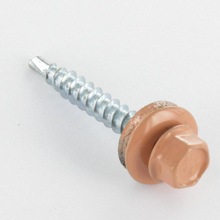 1 x Zelfborende schroef zeskantkop TH 4.8X35 Afdichtingsring met neopreen epdm afdichting Wit verzinkt staal RAL3012 rood