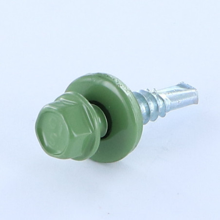 1 x Zelfborende schroef zeskantkop TH 6.3X25 Afdichtingsring met neopreen epdm afdichting Ruw staal RAL6011 reseda groen