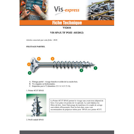 1 x Schroeven SPAX gefreesde kop Pozi PZ7 4X50 bedraad op 22 gedeeltelijke draad ACBRU