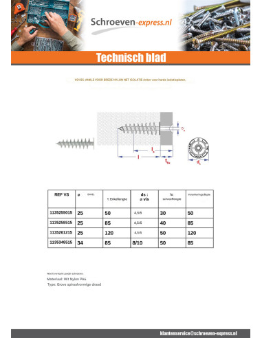 1 x Isolatie deuvel schroefdraad VET 34X85 Nylon