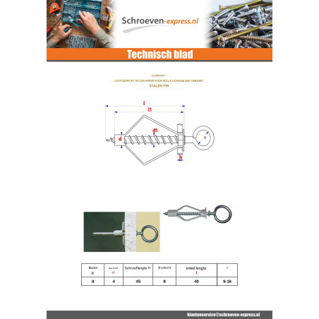 1 x Plug Nylon 8X40 met Oogschroef met kraag 4X45