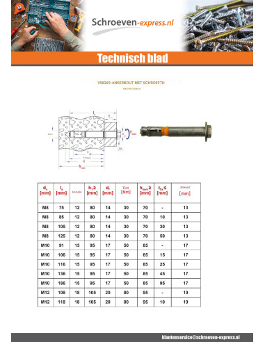 1 x Bout (verkocht met moer) Verankering M8X105...