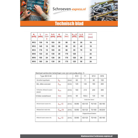 1 x Bout (verkocht met moer) Verankering M8X105 met Metalen schroeven zeskantkop TH A4 RVS
