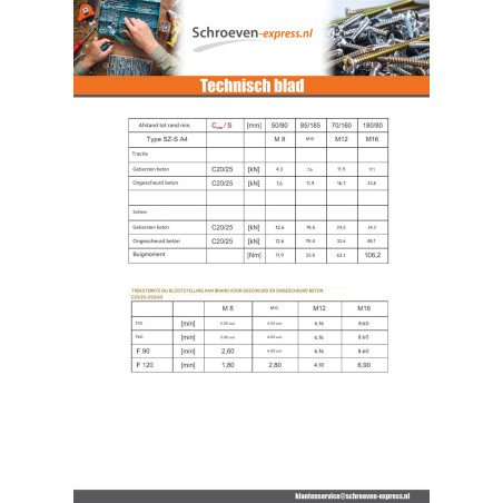 1 x Bout (verkocht met moer) Verankering M8X105 met Metalen schroeven zeskantkop TH A4 RVS