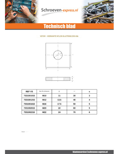1 x Sluitring vierkant natuurlijk nylon M22X70X6