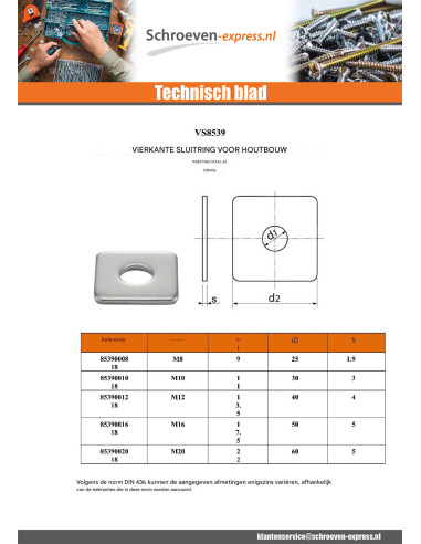 1 x Vierkante sluitring voor houtconstructie...