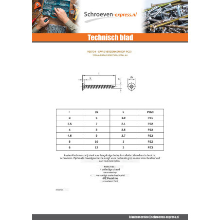 1 x Agglo houtschroeven gefreesde kop Pozi PZ7 3,5X25 volledige draad A4 RVS
