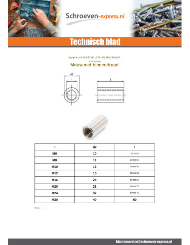 1 x Hulsen cilindrisch tappende M10X40 A4 RVS