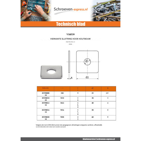 1 x Vierkante sluitring voor houtconstructie M10 11X30X3 RVS A2