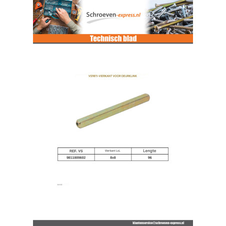1 x Vierkant van GRIP van deur 8x8 lengte 96 Wit verzinkt staal