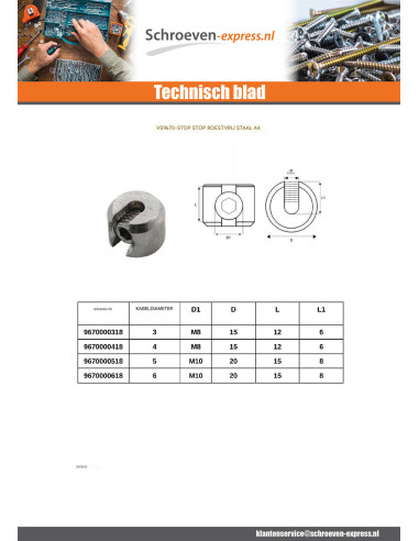 1 x STOP BOTER A4 RVS voor Kabel van diameter 3