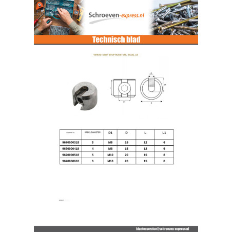 1 x STOP BOTER A4 RVS voor Kabel van diameter 4
