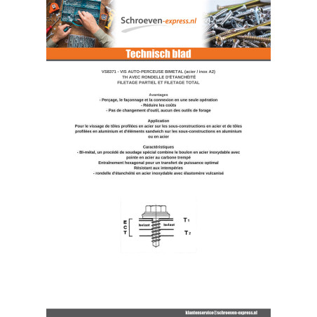 1 x Zelfborende schroef Bimetaal zeskantkop TH 5,5X78 volledige draad Afdichtingsring met neopreen epdm afdichting 16