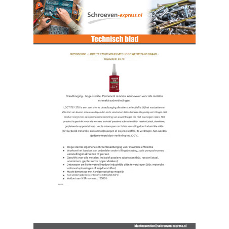 1 x Remdraad hoge sterkte 50 ml Loctite 270