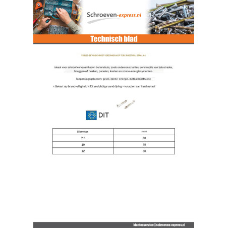 1 x Betonschroeven gefreesde kop TORX T30 A4 RVS 7,5X65 bedraad op 10