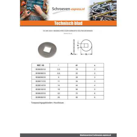 1 x Sluitring voor constructiehout binnenshuis vierkant RVS A2 5,5 x 18 x 2