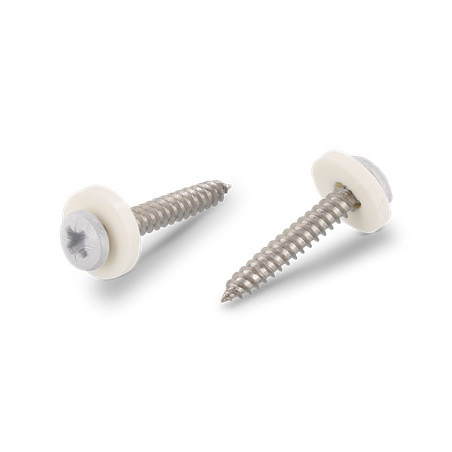 1 x Metaalplaatschroef cilindrische kop Pozi PZ7 + Sluitring Nylon 3.9X32 RVS A2 wit
