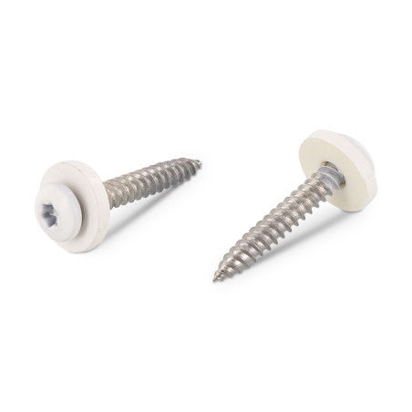 1 x Metaalplaatschroef cilindrische kop TORX T15 + Sluitring Nylon 3.9X19 RVS A2 wit