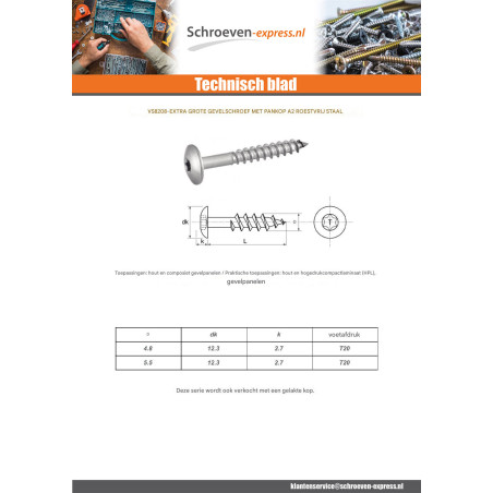 1 x Gevelschroef TORX T20 5.5X38 kopdiameter 12.3 RVS A2 RAL7016 antraciet grijs