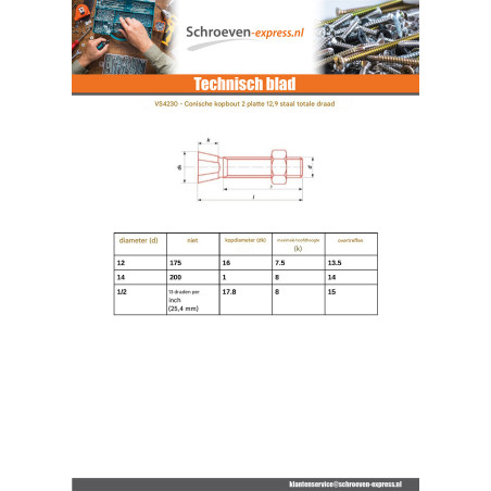 1 x Bout (verkocht met moer) TC2M M12X45 steek van 175 Klasse 12.9 Ruw staal