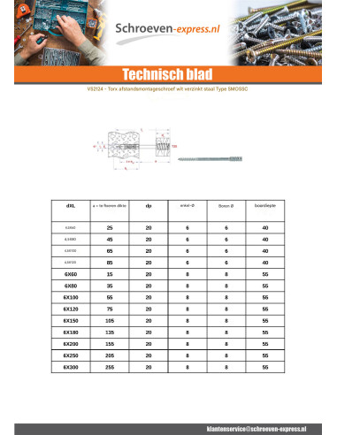 1 x Stelschroef voor houten raam TORX T25 6X60...