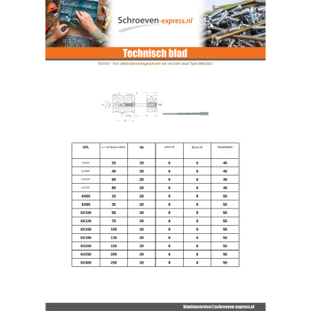 1 x Stelschroef voor houten raam TORX T25 6X60 Wit verzinkt staal