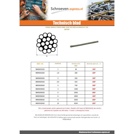 1 x Meter Monotoron staalkabel diameter 4 A4 RVS 1X19 breukbelasting 1300 kg (verkocht per meter)