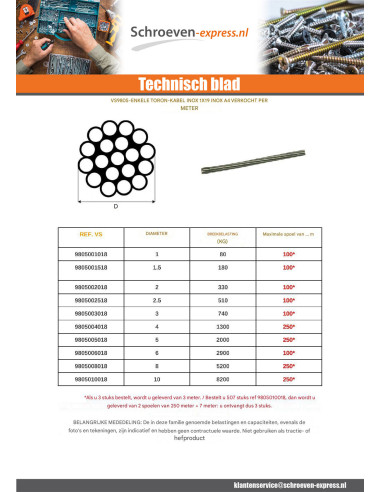 1 x Meter Monotoron staalkabel diameter 2.5 A4...