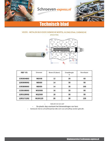 1 x Metalen huls voor chemisch anker M10X80 Wit...