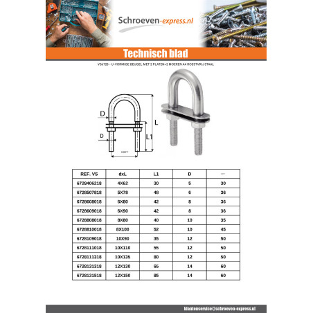 1 x Kabelklem U-vormig met dubbel PLAQUETTES A4 RVS 10X90