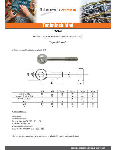 1 x Metalen schroeven to oog M16X70 oog 16 RVS A2