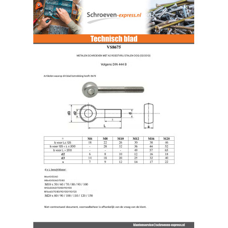 1 x Metalen schroeven to oog M16X110 oog 16 RVS A2